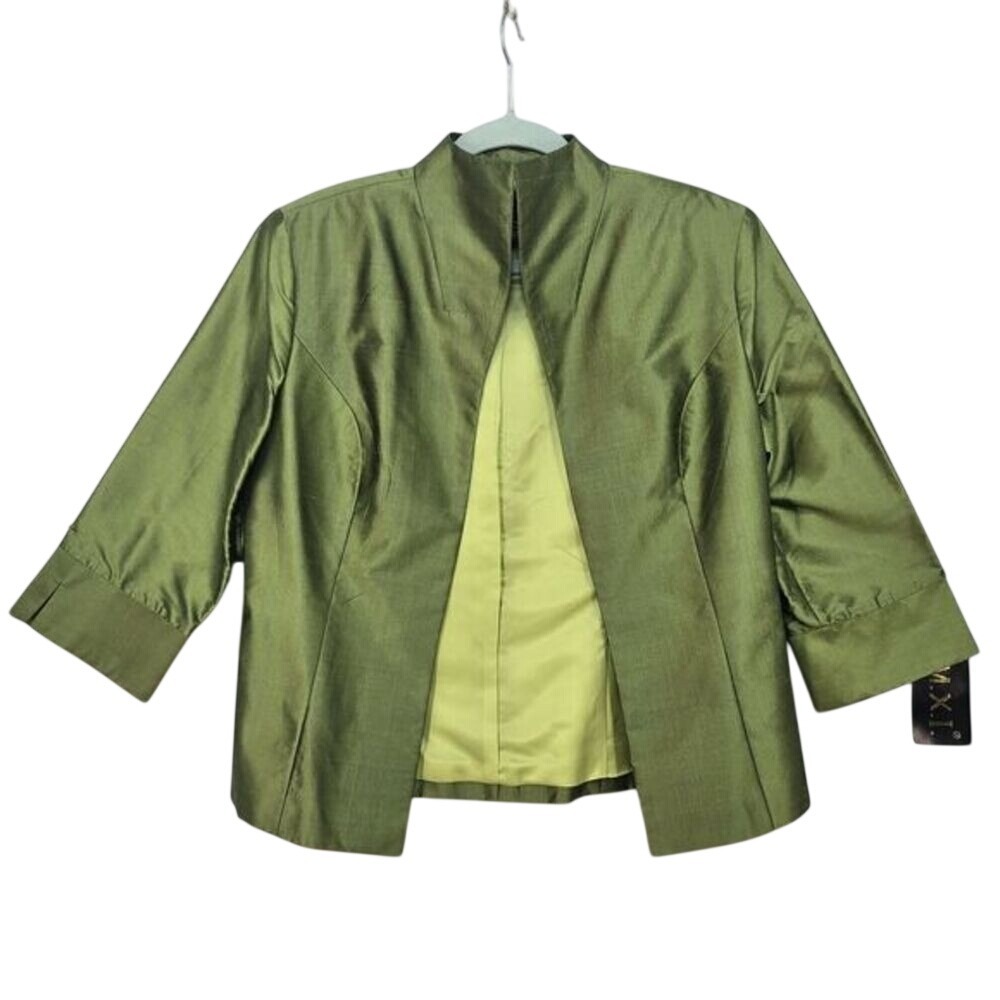 MXI Womens Green 100% Silk Open Front Stand Collar Blazer Jacket VTG Size 10 NWT